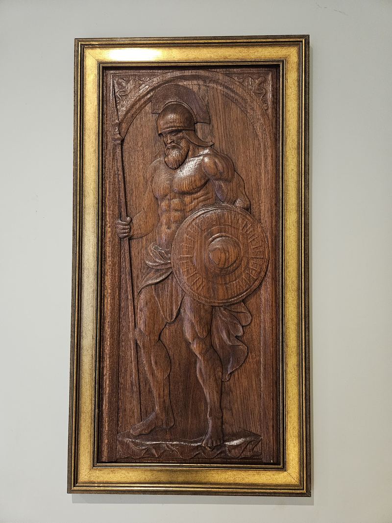 Mars (Ares), the God of War. Carved from Padauk. Stained finished with Danish oil.